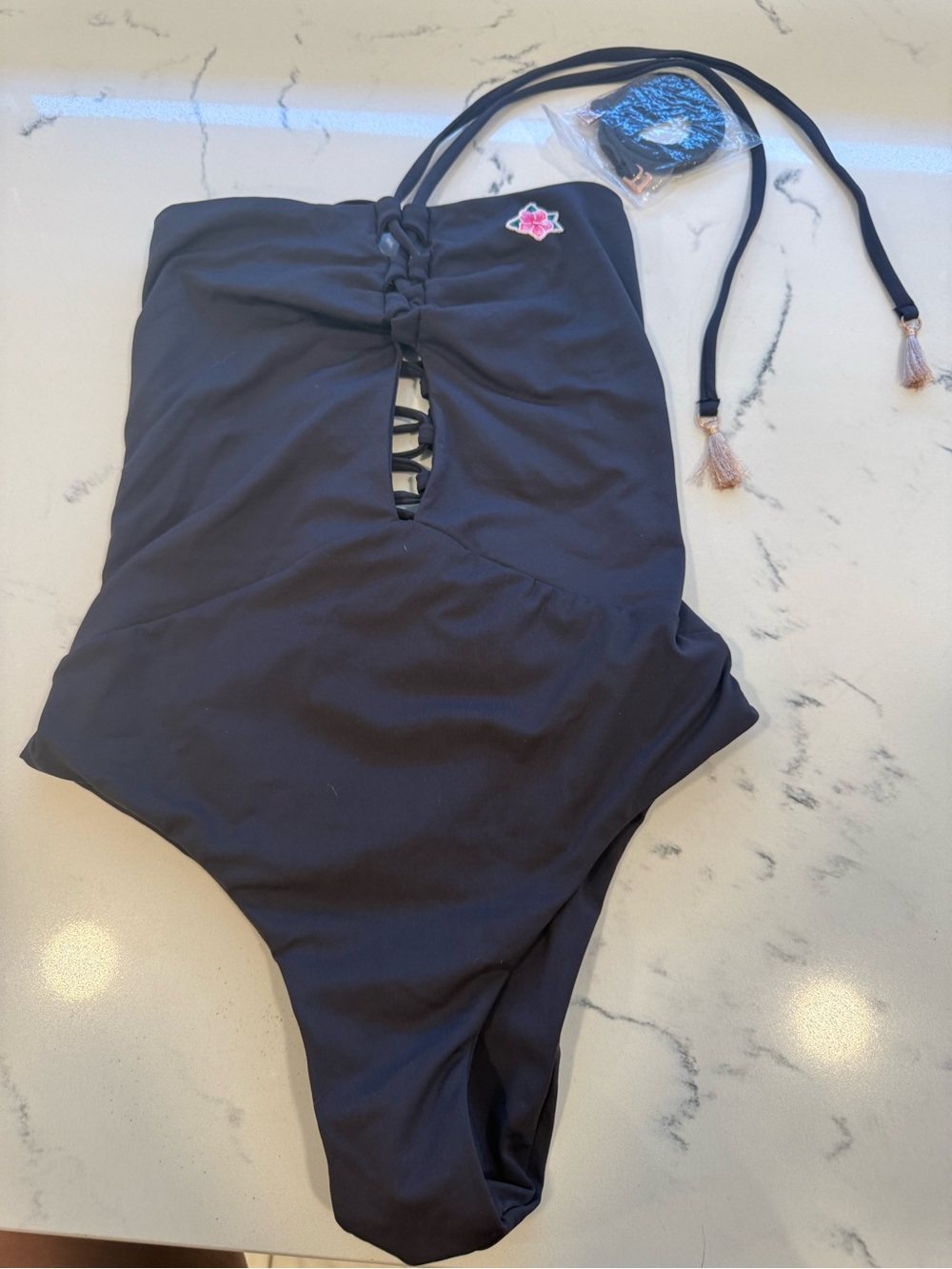 Spiritual Gangster black One-Piece Swimsuit with Pink Floral Patch